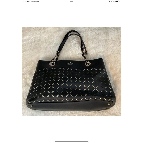 KATE SPADE Black/Gold Leather Double Handle Shoulder Purse/Handbag Large Tote - Picture 2 of 10